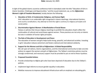 The Afghanistan Women’s Light of Freedom Movement Calls for Scholarships for Women and Girls in Afghanistan